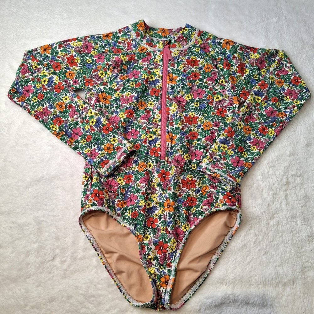 Crewcuts Rash Guard Swimsuit Sz 8 Girls Floral Multicolor Long Sleeve UPF 50